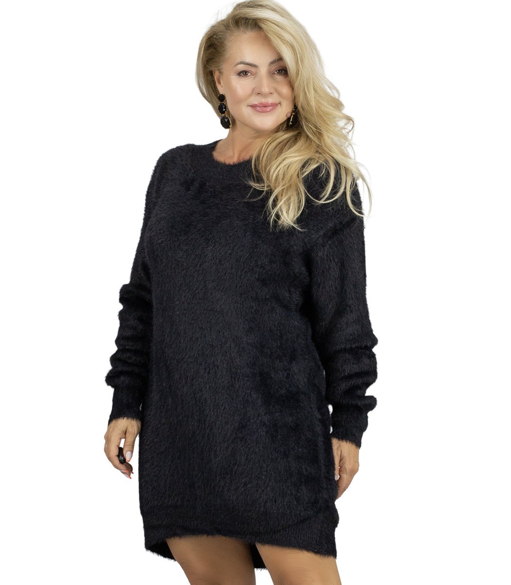 Puszysty sweter sukienka dzianinowa okrągły dekolt FLUFFY-M/L
