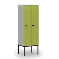 Szafy biurowe - Drewniana szafa ubraniowa z podstawą, 2 przegródki, zamek mechaniczny z kodem, szary/zielony - miniaturka - grafika 1