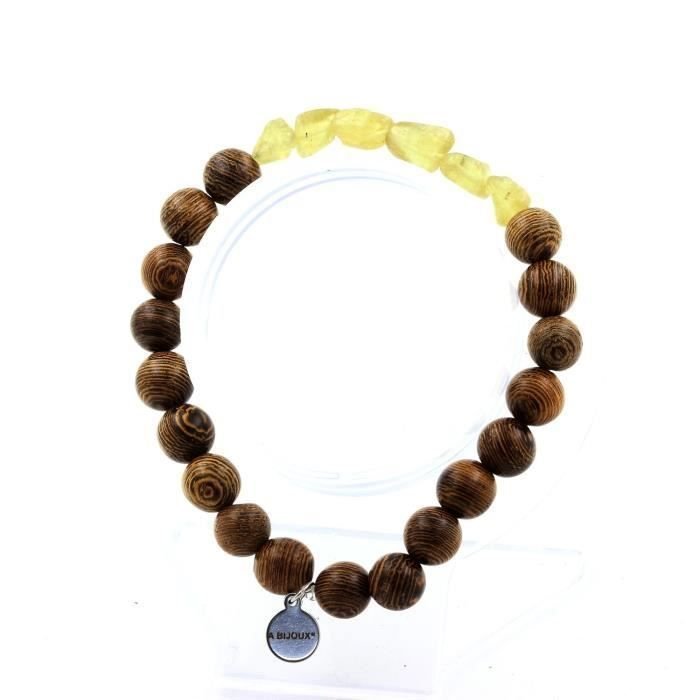 Kamienie i minerały. Bransoletka z żółtego apatytu z Madagaskaru + drewniane koraliki 8 mm. Wyprodukowano we Francji.