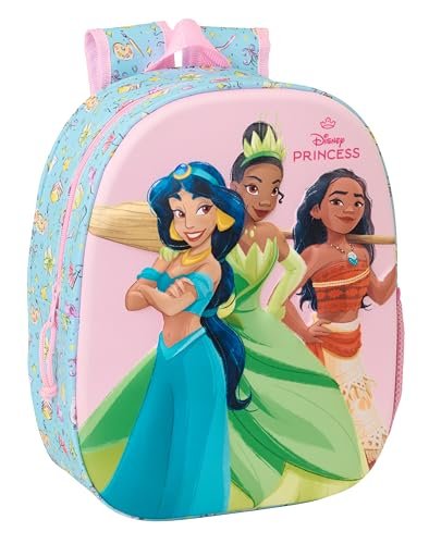 PRINCESAS DISNEY 3D plecak szkolny, wzór 3D, dostosowany do samochodu, idealny dla dzieci w różnym wieku, wygodny i wszechstronny, jakość i wytrzymałość, 27 x 10 x 33 cm, jasnoróżowy/jasnoniebieski, M