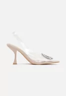 Sandały damskie - Beżowe Transparentne Sandały na Szpilce z Ozdobą z Cyrkonii Fioletta - miniaturka - grafika 1