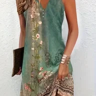 Sukienki - TEMU Kobieca Elegancka Sukienka Maxi z Kwiatowym Wzorem - Turkusowo-Zielony i Beżowy, Dopasowany Fason & Falbanka, Pranie w Praniu Maszynowym, Na - miniaturka - grafika 1