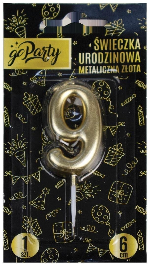 Świeczka urodzinowa cyferka 9 metaliczna złota GoParty 6 cm