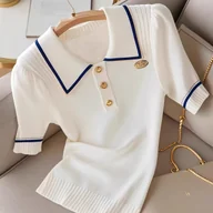 Swetry damskie - TEMU Damska koszulka w stylu francuskim, klasyczna i elegancka, z białym kontrastowym wykończeniem klapy, krótki rękaw, z tkaniny z włókna lodowego, - miniaturka - grafika 1