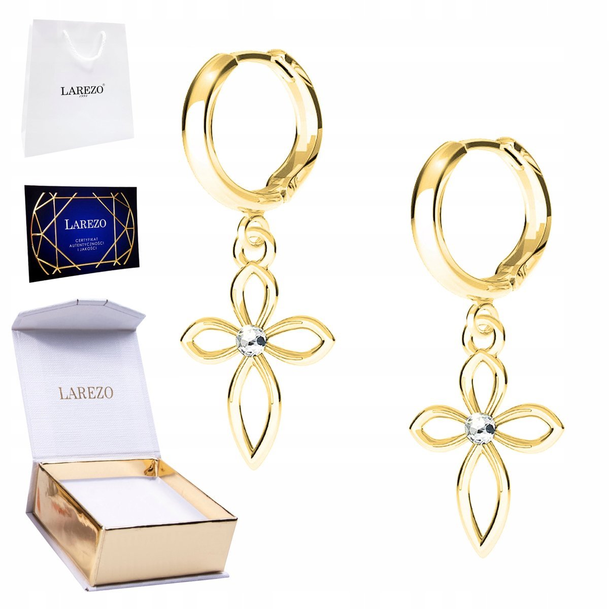 Złote Kolczyki 925 z Krzyżykami Kryształami Religijne Krzyże Pozłacane 24K