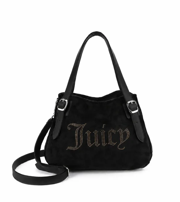 Juicy Couture torebka damska czarna welurowa z 3 komorami i regulowanym paskiem