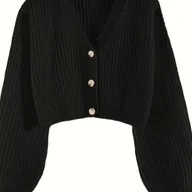 Swetry damskie - TEMU Kardigan Damski Elegancki - Stylowy Krótki Rękaw, Zapinany na Guziki, Tekstura Żebrowana, Bordowy, Idealny na Jesień i Zimę, Wszechstronny - miniaturka - grafika 1