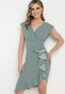 Sukienki - Miętowa Sukienka o Kopertowym Kroju z Falbankami i Trójkątnym Dekoltem Tanilla - Born2be - miniaturka - grafika 1