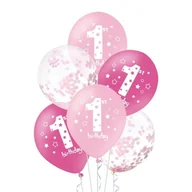 Baby shower i roczek - Balony Roczek cyfra 1 różowe z konfetti 30 cm - 6 sztuk - miniaturka - grafika 1