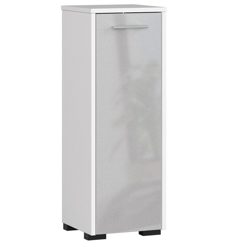 Szafka łazienkowa wolnostojąca: jedne drzwi, dwie półki, kolor: biały metaliczny połysk, wymiary szafki: szer: 30 cm, wys: 82 cm, gł: 30 cm