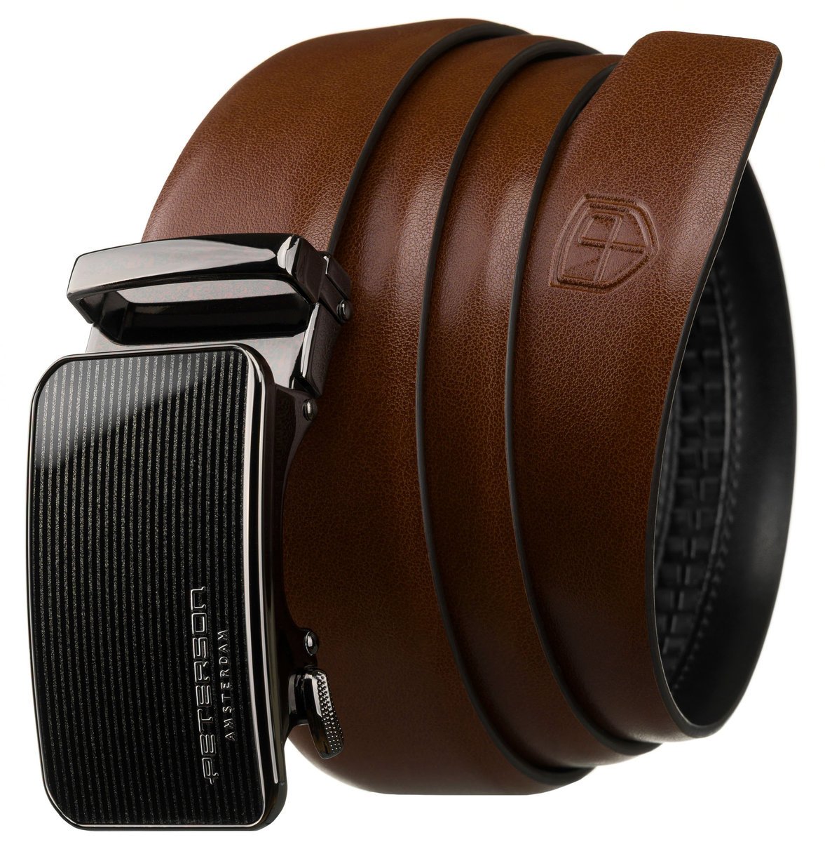 PETERSON Brązowy pasek męski z automatyczną klamrą elegancki do garnituru 125 casualowy skóra naturalna czarna klamra samodzielne skracanie