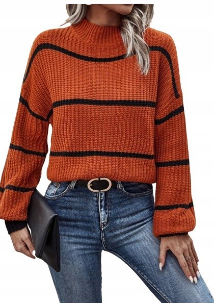 SWETER DAMSKI BRĄZOWY W PASKI CASUAL 40/42 ŁTJ