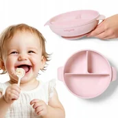 Miseczki i talerzyki dla dzieci - Silikonowy talerz z przyssawką i przykrywką Babyono 1661/02 różowy - miniaturka - grafika 1