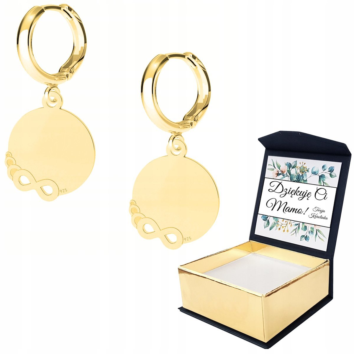 Kolczyki złote Znak Nieskończoność WŁASNY NADRUK