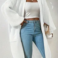 Swetry damskie - TEMU Elegancki kardigan z dekoltem w kształcie litery V dla kobiet - długa rękawica, swobodny kroj, jednolity z kieszeniami, idealny na wiosnę/ - miniaturka - grafika 1