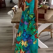 Sukienki - TEMU Damska sukienka na ramiączkach z dekoltem w serek i żywym nadrukiem - Lekka tkanina PTT-FLL, całoroczny styl wakacyjny z kolorowymi motylami na - miniaturka - grafika 1