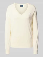 Swetry damskie - Sweter z dzianiny z wyhaftowanym logo i dekoltem w serek - miniaturka - grafika 1