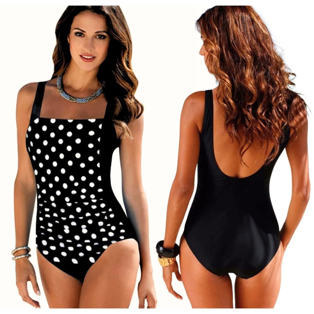 Strój Jednoczęściowy Damski Kąpielowy Czarny Białe Kropki Modny Retro Lato M