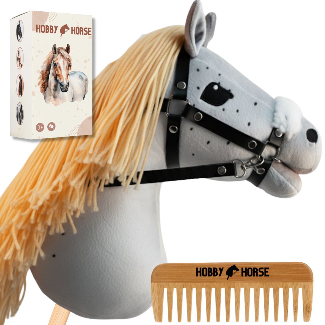HOBBY HORSE KOŃ NA KIJU KONIK GŁOWA KONIA BIAŁO-SZARY + GRZEBIEŃ + PUDEŁKO [M-H410-P]