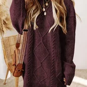 Swetry damskie - TEMU Damski Zimowy Gruby Sweter - Oversize H-Line Długi Sweter-Płaszcz, Luźny Sweter Sukienka z Okrągłym Dekoltem na Jesień/Zimę, Jednokolorowa - miniaturka - grafika 1