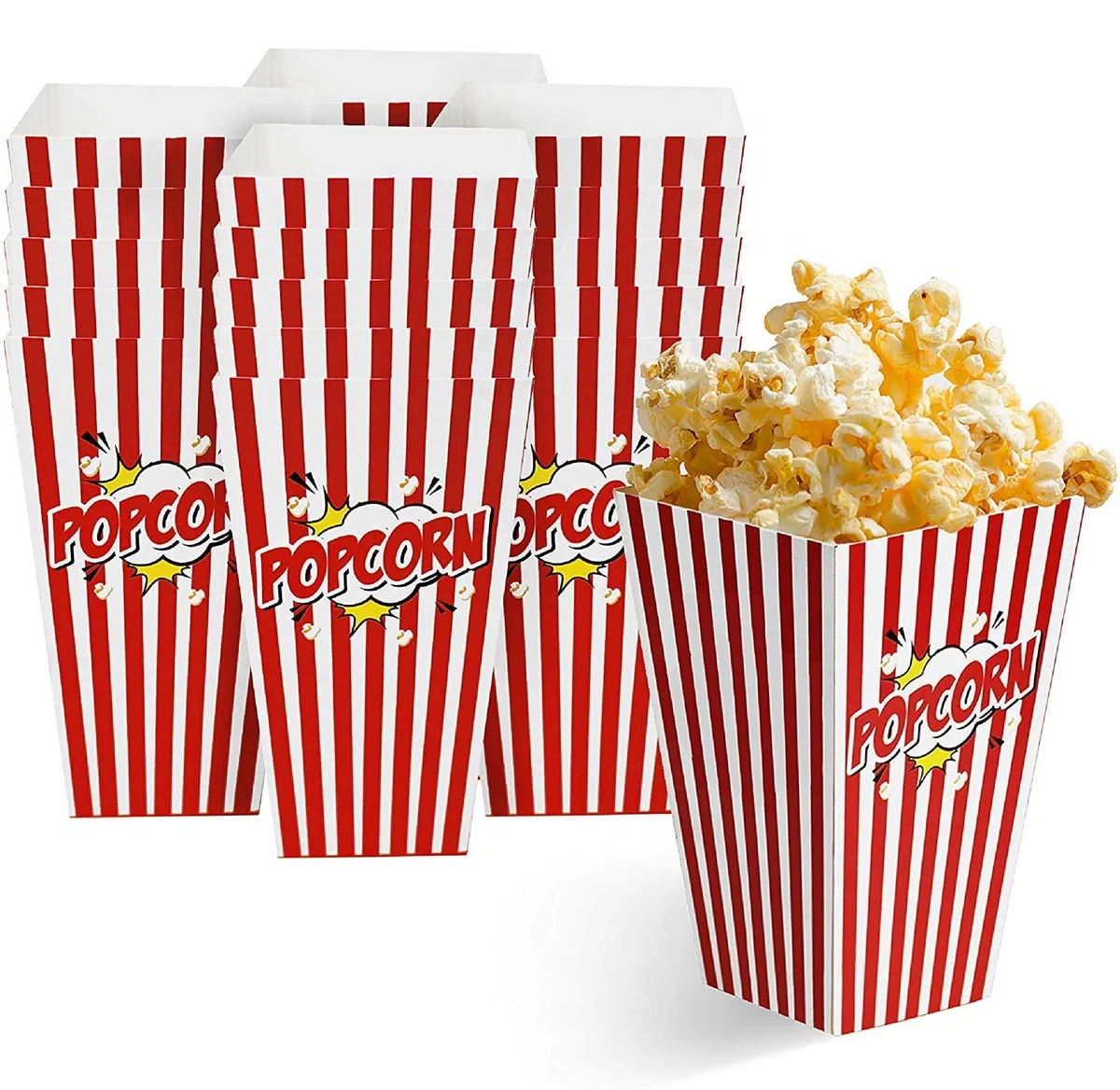 MATANA 50 dużych pudełek na popcorn, 9 x 17 cm – czerwono-białe paski retro design – teatr, kino, zabawne wieczory filmowe, nocowanie, imprezy dla d..