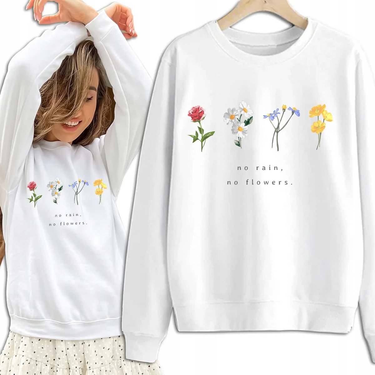 Bluza Damska Biała Dresowa NO RAIN NO FLOVERS Kobiece Dziewczęce Wzory - M