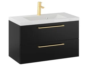 Szafka Wisząca Z Umywalką RON 80 cm - Czarny Mat - Uchwyty Złote Szczotkowane - Szafki łazienkowe - miniaturka - grafika 1