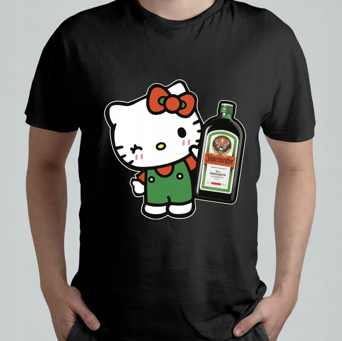 CZARNA KOSZULKA Z NADRUKIEM MĘSKA ŚMIESZNA T-SHIRT HELLO KITTY JAGERMEISTER