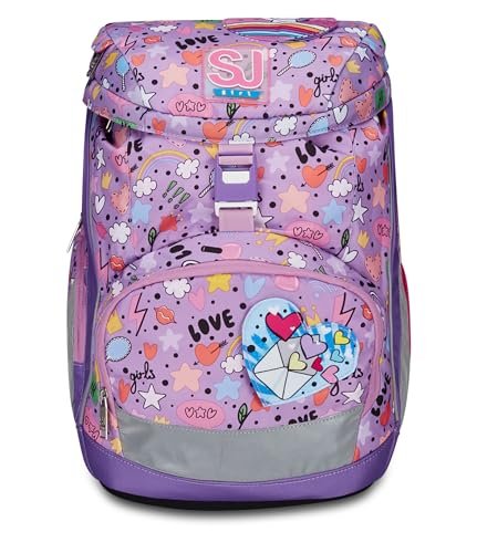 SJ Gang plecak szkolny Updown miękki, fioletowy, urocze notatki, pojedynczy komorowy z regulowanym paskiem w talii, boczna kieszeń na zamek błyskawiczny, kieszeń z siatki na butelkę, plecak do szkoły