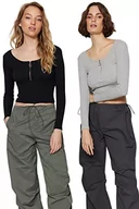 Bluzki damskie - TRENDYOL Bluzka damska z głębokim okrągłym dekoltem, jednokolorowa, podkreślająca figurę, czarno-szary, M - miniaturka - grafika 1