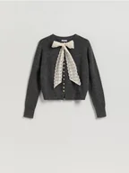 Swetry damskie - Reserved - Kardigan z wiązaniem - ciemnoszary - miniaturka - grafika 1