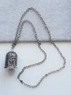 Naszyjniki - długi naszyjnik ptak ptaszek w klatce 70cm metal - miniaturka - grafika 1