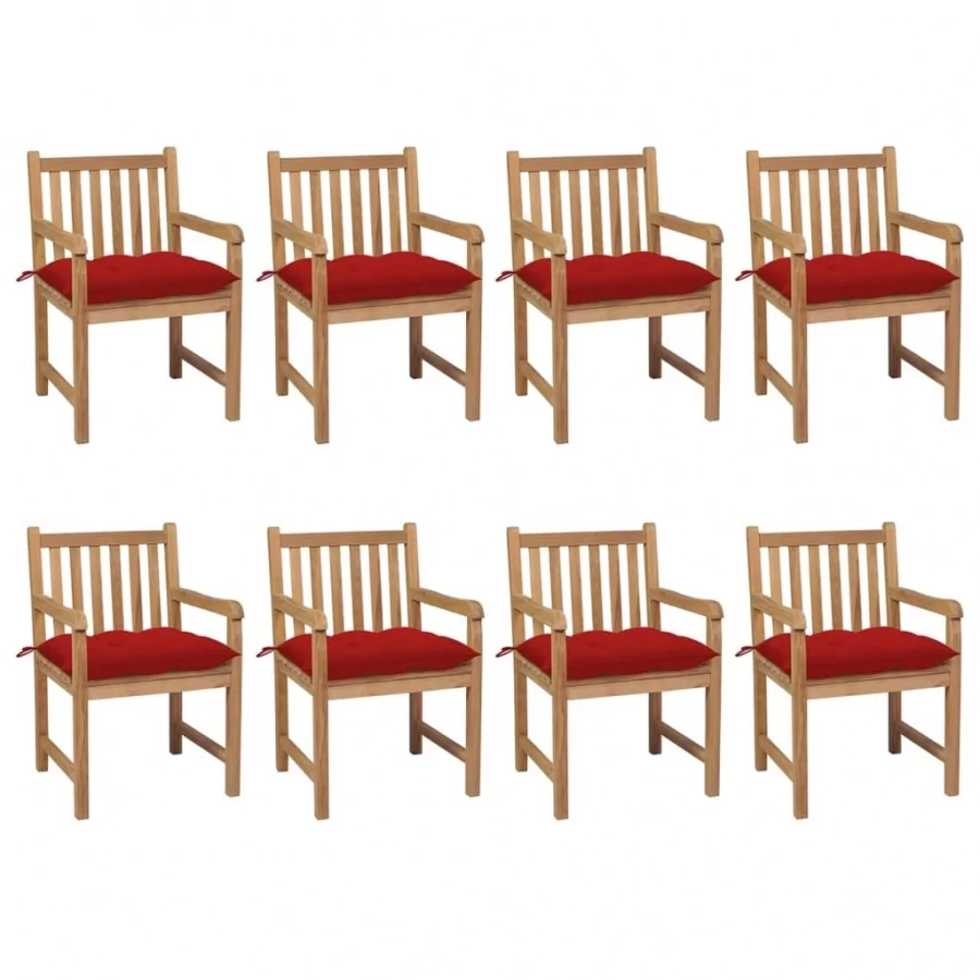 vidaXL Lumarko Krzesła ogrodowe z czerwonymi poduszkami, 8 szt., drewno tekowe! 3073079