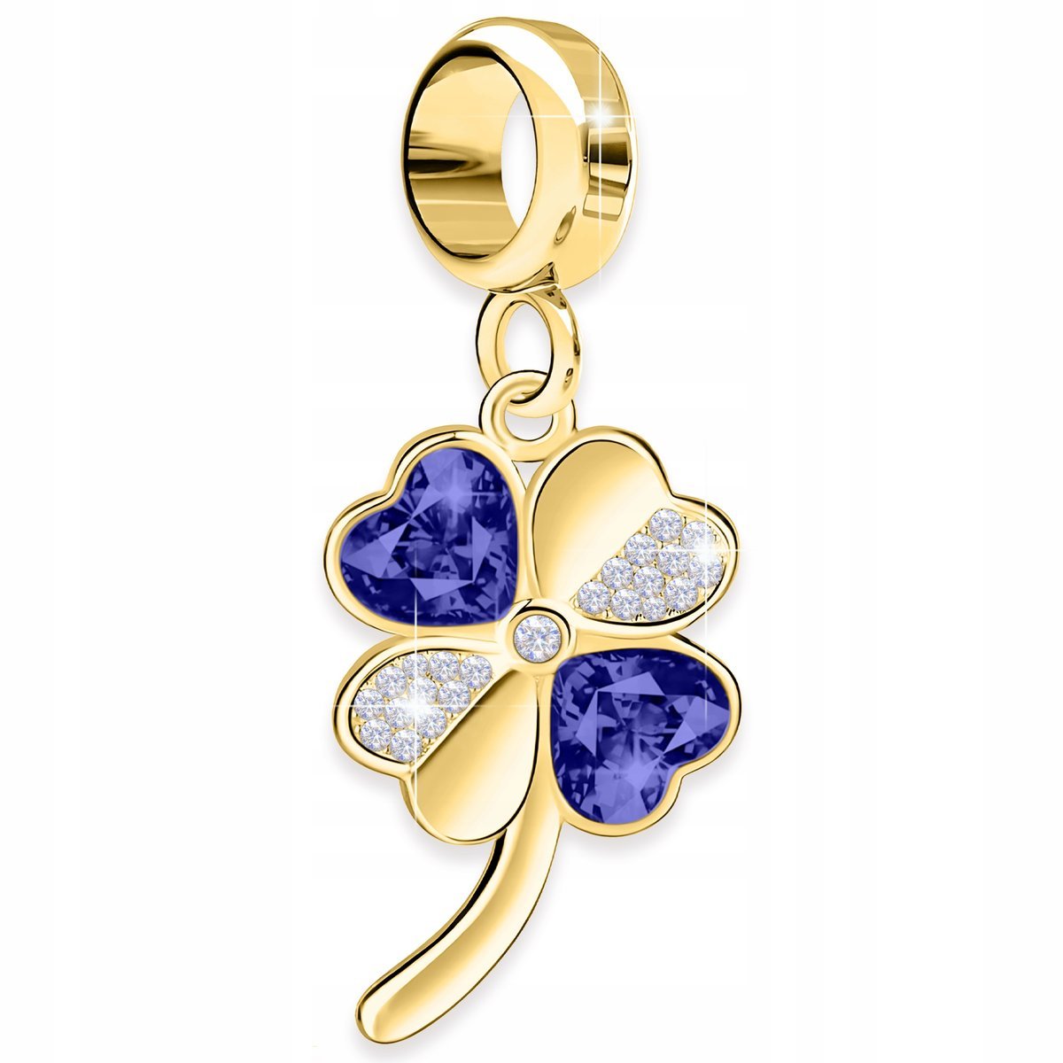 Złoty Charms Koniczyna Niebieskie Serca z Białymi Cyrkoniami SREBRO 925