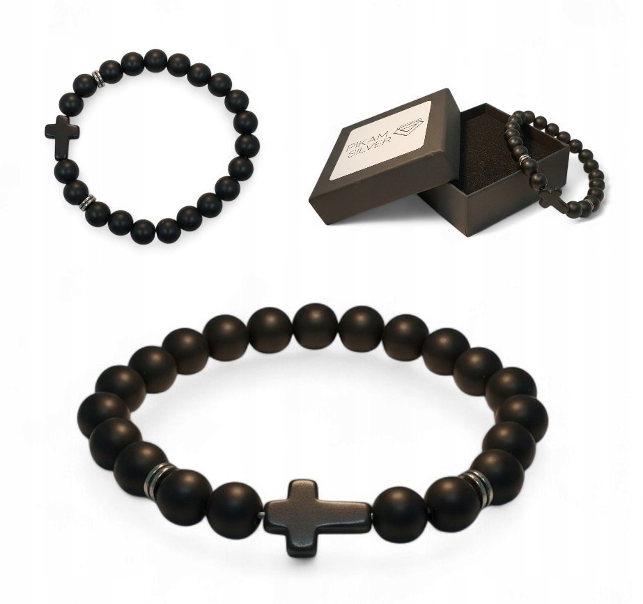Bransoletka Z Kamieni Naturalnych 8mm Onyks Matowy Z Krzyżykiem Czarna