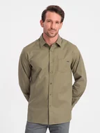 Koszule męskie - Bawełniana męska koszula z kieszenią REGULAR FIT - oliwkowa V2 OM-SHCS-0147 - Ombre Clothing - miniaturka - grafika 1