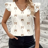 Koszule damskie - TEMU Elegancka bluzka damska z dekoltem w kształcie litery V, nadrukiem w postaci kokardki i marszczonym brzegiem - koszula z krótkim rękawem i - miniaturka - grafika 1