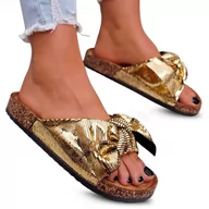 Klapki i japonki damskie - Klapki Damskie Lekkie na Korkowej Podeszwie Wendy Metallic Złote 36 - miniaturka - grafika 1
