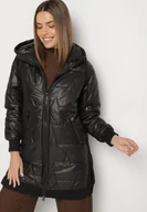 Kurtki damskie - Czarna Pikowana Kurtka Przejściowa z Kapturem i Ściągaczami Fesarena - miniaturka - grafika 1