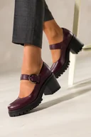 Półbuty damskie - Bordowe półbuty skórzane damskie Mary Jane na szerokim klocku bieżnikowana platforma pasek ze stalową klamrą PRODUKT POLSKI Casu 79833 - miniaturka - grafika 1