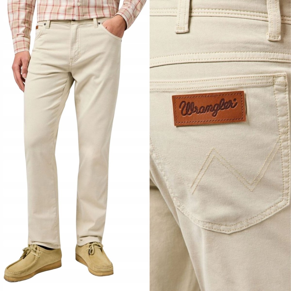 Wrangler Texas Pelican klasyczne beżowe proste spodnie materiałowe W33 L32