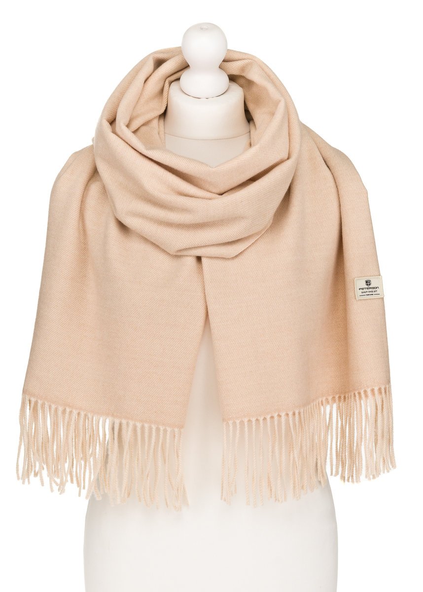 Klasyczny szalik damki z frędzlami beżowy PETERSON duży szal jesień zima miły w dotyku wiskoza na prezent