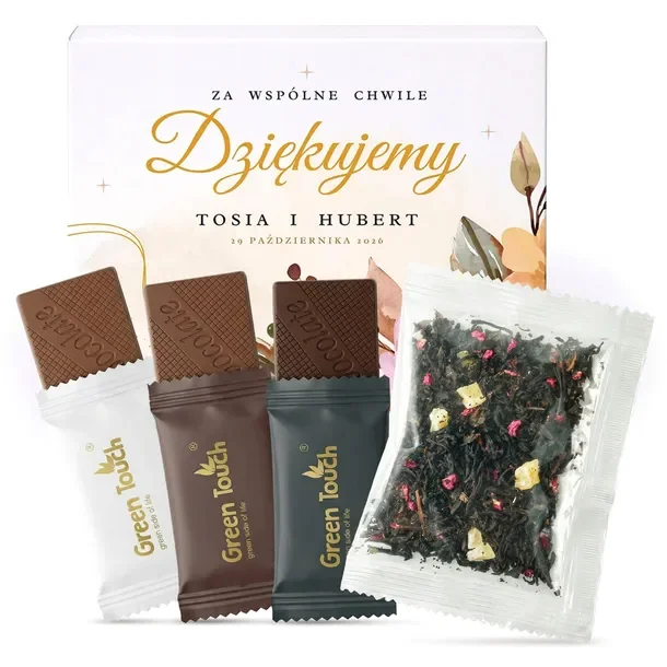 Podziękowanie dla gości upominek ślub wesele komunia chrzest herbata czekolady w pudełku z nadrukiem