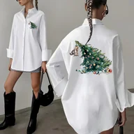 Koszule damskie - TEMU Elegancka Biała Bluzka z Długim Rękawem dla Kobiet – Koszula w Kołnierzyku ze Zielono-Złotymi Wzorami Świątecznymi (Dzwonki/Ozdoby), - miniaturka - grafika 1