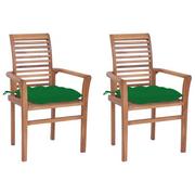 Fotele i krzesła ogrodowe - vidaXL Krzesła stołowe, 2 szt., zielone poduszki, drewno tekowe - miniaturka - grafika 1