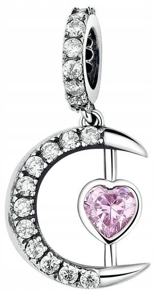 Charms Srebrny Księżyc Różowe Serce Cyrkonia Półksiężyc Moon SREBRO 925