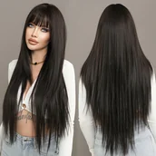 Pozostałe akcesoria fryzjerskie - TEMU Elegancka Peruka Prosta Czarna o Długości 33.46" z Grzywką - Wysoko Warstwowa, Gęstość 150%, Włókno Syntetyczne Odporność na Ciepło dla Kobiet - - miniaturka - grafika 1