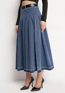 Niebieska Spódnica Jeansowa Rozkloszowana z Paskiem z Ekoskóry Nalier - Spódnice - miniaturka - grafika 1