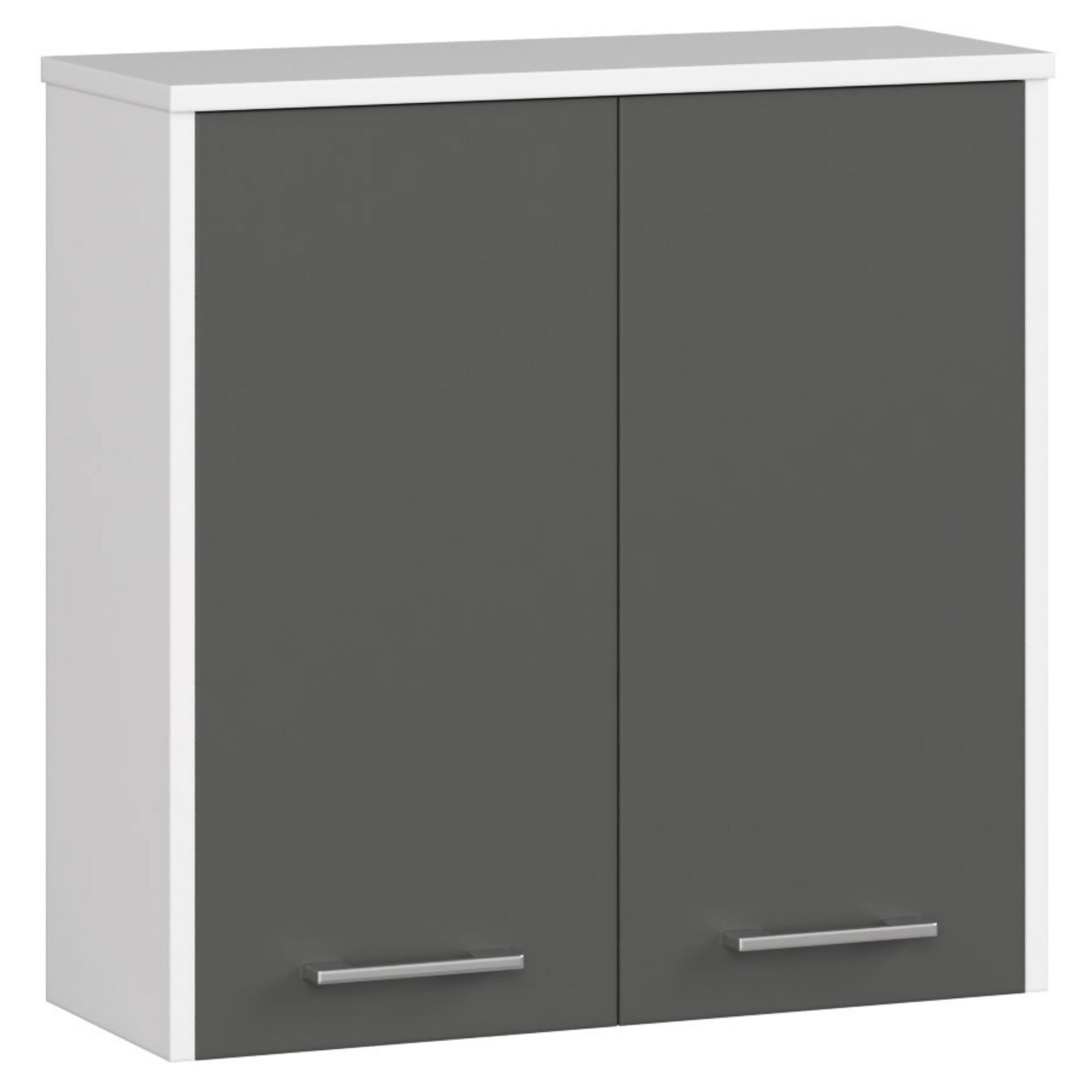 Szafka łazienkowa wisząca: dwoje drzwi, dwie półki, kolor: biały grafitowy szary, wymiary mebla: szer: 60 cm, wys: 60 cm, gł: 22,5 cm.