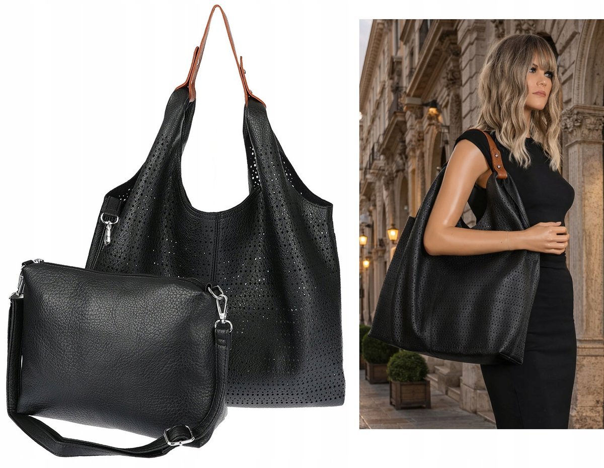 Torebka Damska shopper worek listonoszka pojemna Ażurowa 2w1 1901 Czarna
